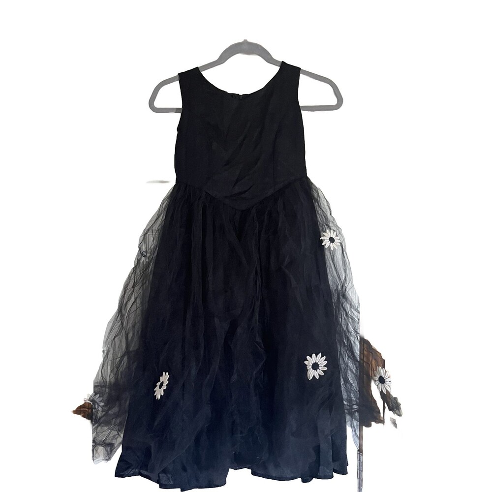 Vintage Girls 8 Black Tulle Party Dress Tea Length Ball Gown Flower Handmade USA